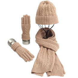 Women Gift Windproof Hat Scarf Gloves Set Casual Warm Winter Outdoor Sports Soft Fashion Thick Elastic Cable Knit Skiing Thermal