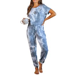 Summer Pajama Set Suit Tie Dye Sleepwear Nightwear Women Short Sleeve Shirt and Drawstring Pants 2 Pieces Loungewear Homewear T200707