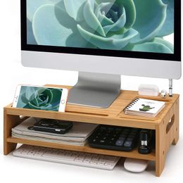 Bamboo Monitor Stand Riser, with Charging Holes, Media Slots Compatible with AirPods, Kindle, Tablets, Cell Phones, 2 Tiers Desktop Organizer