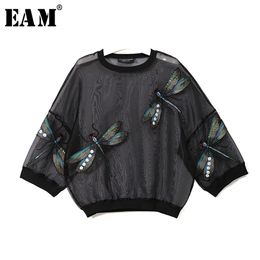 [EAM] 2020 New Spring Autumn Round Neck Long Sleeve Big Size Organza Stitch Three-dimensional Shirt Women Blouse Fashion LJ200815
