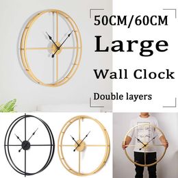Vintage Metal Wall Clock Modern Double Layer Iron Frame Mute Retro Iron Watches Antique for Home Hotel Decoration Large 50/60CM Y200109