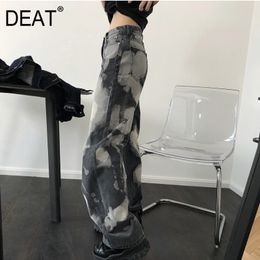 DEAT new spring fashion women's clothing high waist printed vintage hip hops full length denim pants female jeans WL01802M