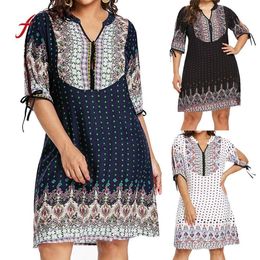 Feitong Plus Size L-5XL Dress Women Casual Design Buttons Geometric Split Sleeve Dress V-Neck Loose Knee-Length Dresses /PY T190608