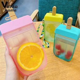 Cute Straw Cup New Plastic Popsicle Water Bottle With Rope Outdoor Transparent Juice Drinking Cup Suitable For Adult Children 201204
