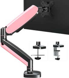 Pink Single Monitor Desk Mount Stand - Height Adjustable Gas Spring Monitor Arm Stand for 17 to 32 inch LED LCD Screens with C Clamp, Grommet Mounting Base