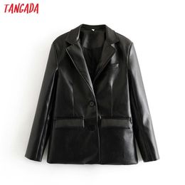 Tangada women vintage black faux leather blazer female long sleeve jacket ladies high street casual blazer suits LJ201021