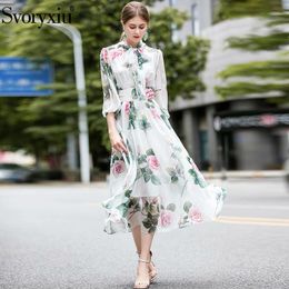 Svoryxiu Runway Designer Summer Long Dress Women's Elegant Bow Collar Rose Flower Print Bohemian Holiday Chiffon Dresses 201204