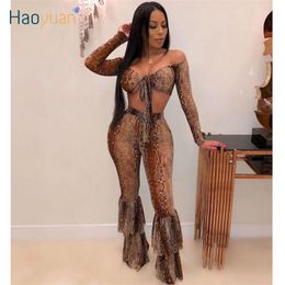 HAOYUAN Sexy Snake Print Sheer Mesh Two Piece Set Women Fall Festival Long Sleeve Crop Top and Flare Pant 2 Piece Club Outfits