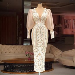 Classy Lace Arabic Evening Dresses Deep V Neck Sheath Long Sleeves Prom Gowns Ankle Length Formal Dress