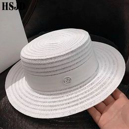 Summer Women White Ribbon Round Flat Top Straw Beach Hat Boater Sun Caps Wide Brim M Panama Hat Lady's Fedoras Travel Gorras Y200714