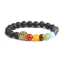 8mm Lava Stone Beaded Bracelets Paw Dog Print Charm Bracelet 7 Chakras Heart Jewellery For Party