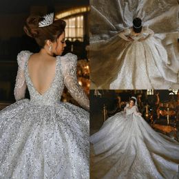 Sparkly Arabic Dubai Ball Gown Wedding Dresses 2022 Beaded Long Sleeve Crystal Vestido de Noiva Bridal Gowns