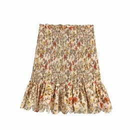 Women floral print shrink fold mini skirt faldas mujer ladies high waist hem embroidery ruffles chic vestidos slim skirts LJ200820