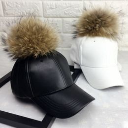 MAERSHEI Women Fashion Real Fur Baseball Cap Warm Casual Sweer Girl Hat Snapback Pom Pom Cap Leather Hip Hop Bone Caps Y200714