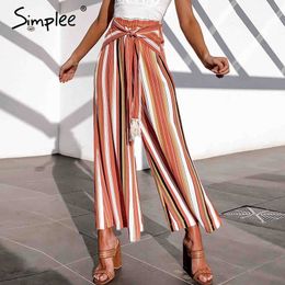 Simplee Split striped lady wide leg pants women Summer beach high waist trousers Chic streetwear sash casual pants tassle female 201031