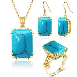 925 Silver Turquoise Jewelry Sets For Women Massive Stone 13*18mm Rectangle Religious Vintage Gold Plated Jewelry Gift Female