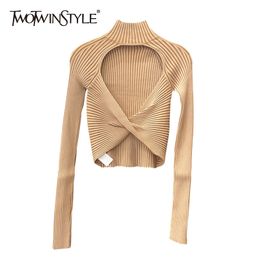 TWOTWINSTYLE Striped Backless Sexy Short Tops For Women Turtleneck Long Sleeve Slim T Shirt Female Fall Fashion New Stylish 201125