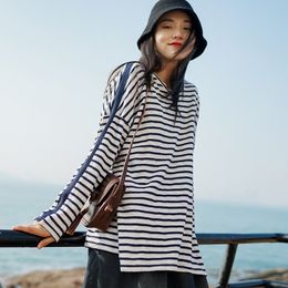 Johnature Women Striped T-Shirts Cotton Casual Mori Girl Cloths Spring New O-Neck Long Sleeve 3 Colour Female Loose T-Shirts 201028