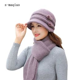 Women Winter Hat Thick Keep Warm Wool Cap Scarf Set Fashion For Elegant Flowers Rabbit Fur Knitted Bucket 211229