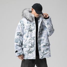 Men Harajuku Camo Printed Cotton Padded Jacket Coat Mens Hooded Parkas Winter Retro Hip Hop Fur Collar Couple Jackets 201028