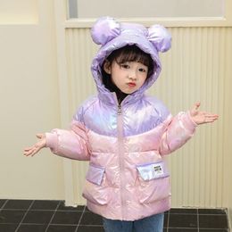 OLEKID Autumn Winter Baby Girls Coat Cartoon Ear Hooded Girls Shiny Down Jacket 1-7 Years Kids Toddler Girl Outerwear Parka 201106