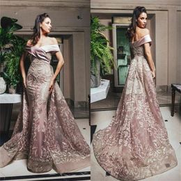 pink chic prom dresses offshoulder appliqued lace ruched tulle chic evening dresses with detachable train custom made formal party gowns