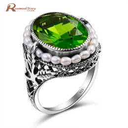 Turkish Peridot Cocktail Ring Bohemia Real 925 Sterling Silver Ring Women Vintage Natural Pearls Luxury Female Finger Ring