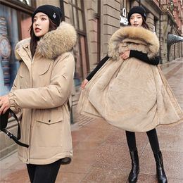 Cotton Thicken Warm Winter Jacket Coat Women Casual Parkas Fur Lining Pockets Fur Collar Warm Hooded Parka Mujer Coats 201217