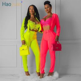 HAOYUAN Two Piece Set Women Festival Sexy Long Sleeve Crop Blazer Top Pant Suit Neon Green 2 Piece Fall Outfits Matching Sets