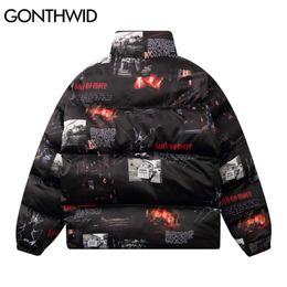 GONTHWID Thick Warm Parkas Jackets Poster Print Cotton Padded Zipper Coat Hip Hop Casual Streetwear Winter Harajuku Tops Outwear 201204