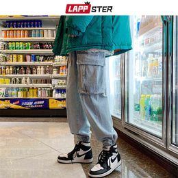 LAPPSTER Men Big Pockets Jeans Pants 2022 Baggy Mens Japanese Streetwear Denim Trousers Man Casual Harajuku Sweatpants 5XL 0309