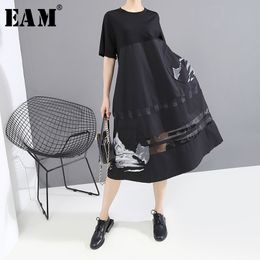 [EAM] Women Black Pattern Print Sttich Mesh Long Dress New Round Neck Short Sleeve Loose Fit Fashion Spring Summer LJ200818