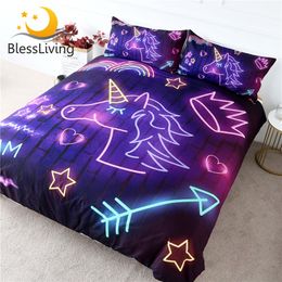 BlessLiving Purple Unicorn Bedding Set Luminous Duvet Cover Colourful Rainbow Bedspreads Neon Light Crown Bed Set for Kids 3pcs 201114