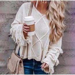 AYUALIN beige Tassel Flare Sleeve Women Sweaters vintage Loose Knitted v-neck Tops Autumn Winter Casual Sweater Pullovers 201130