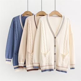 Women Knit Cardigans V neck Button Up Cartoon Sweater Jumpers V neck Long Winter Chic Cardigans Open Stitch Korean 201223