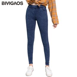 BIVIGAOS Women's Autumn New Labelling Jeggings Skinny Slim Worn Ripped Hole Jeans Leggings For Women Jeans Pencil Pants Plus Size 210203