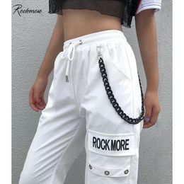 Rockmore Black Cargo Pants With Chain Pockets Women High Waist Trousers White Wide Leg Pants Femme Pant Winter Streetwear Fall 201119