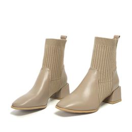 2020 New Korean retro Beige patent leather short boots women's stretch socks boots net celebrityboots flat sole stocking boots