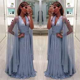 Real Image Evening Dresses With Long Sleeves Dot A Line Prom Dresses Sexy V Neck Ruched Custom Made Sweep Train Formal Party Gown