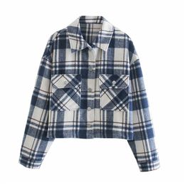 Evfer Women Winter Fashion Plaid Blue Za Short Jackets Oversize Female Stylish Back Chain Double Pockets Woollen Loose Outwear 201029