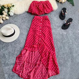 2020 Spring Summer Bohemian Women Two Piece Set Red Polka Dot Strapless Tops + Long Skirt Boho Chic Irregular Ruffles 2 Pcs Set T200702