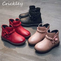 Winter Children Girls Boots Pu Leather Plush Warm Fashion for Flower Decorate Non Slip Waterproof Kids 211227