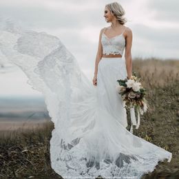 Sexy Two Piece Boho Wedding Dresses Spaghetti Straps Country Lace Tulle Bridal Gowns Romantic Puffy Bohemian Beach Wedding Dress Plus Size