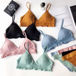 Small cup cotton cup comfortable young girls sleepwear wire free pad bra and panty sets Lingerie women Bralette panties Y200708