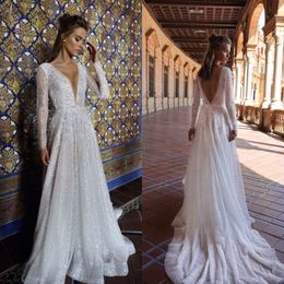 Glitter Sequined A Line Wedding Dresses Sparkly Deep V Neck Long Sleeve Bridal Gowns Backless Boho robes de mariée