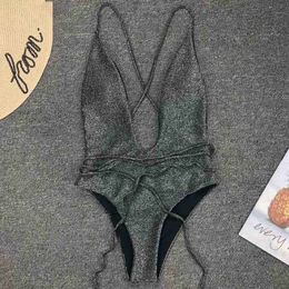 DIY Bandage Swimwear Shiny Women Long Strap Wrap Around One-Piece Swimsuit Female Bather Deep V Neck Bathing Suit Bodysuit T200708