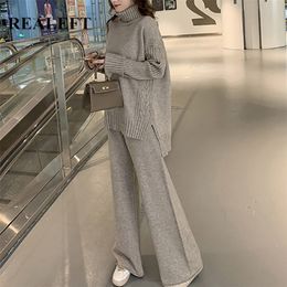 REALEFT Autumn Winter 2 Pieces Women Sets Knitted Tracksuit Turtleneck Sweater and Wide Leg Jogging Pant Pullover Suits 220315