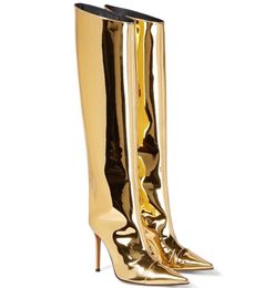 Women's Boots Side Zipper Thigh High Stiletto Shoes Heels Patent Leather Silver Gold Fashion Design Autumn