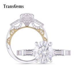 Transgems 14k White and Yellow Gold Centre 2ct 7*9mm F Colour Oval Moissanite 3 Stone Engagement Ring for Women with Accents Y200620