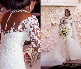 Cystal Beading Long sleeves Vintage Lace Mermaid Wedding Dresses 2022 High Neck Appliques White Bridal Gown vestido de noiva new customize